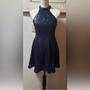 Lulu's Navy Blue Sequin Halter Dress Women